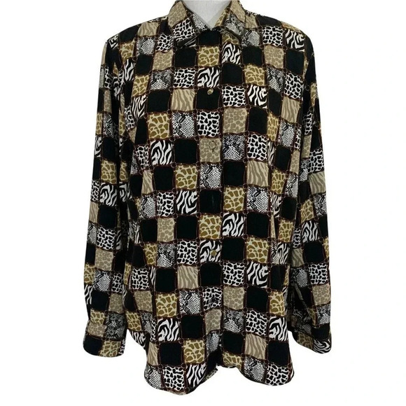 Le Caviar 80s Button Up Collared Blouse Patchwork Animal Print Medium - Picture 1 of 6